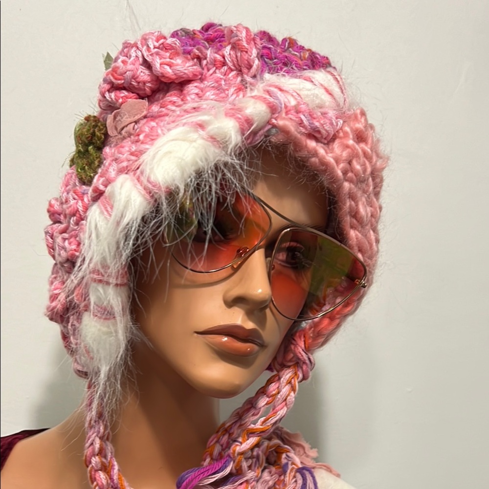 Handmade Exclusive Artwork  Freeform Crochet Winter Hat with Fluffy Accents
